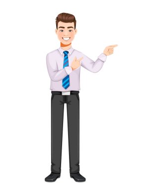 Yakışıklı iş adamı bir şeyi işaret ediyor. Genç iş adamı çizgi film karakteri. Stok vektör illüstrasyonu