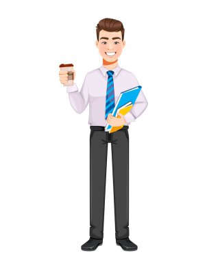 Kahve molası veren yakışıklı bir iş adamı. Genç iş adamı çizgi film karakteri. Stok vektör illüstrasyonu