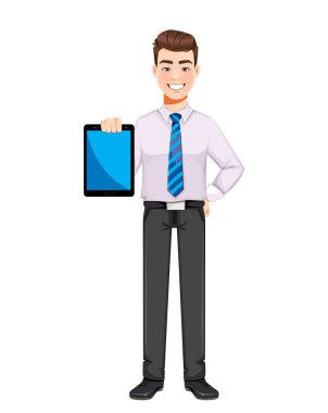 Tablet tutan yakışıklı bir iş adamı. Genç iş adamı çizgi film karakteri. Stok vektör illüstrasyonu