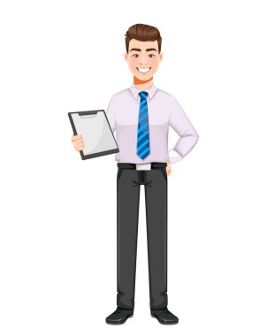 Elinde dosya tutan yakışıklı bir iş adamı. Genç iş adamı çizgi film karakteri. Stok vektör illüstrasyonu