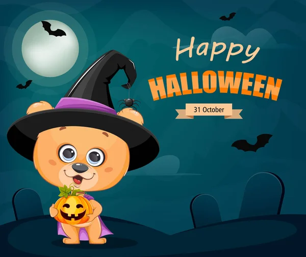 Joyeux Halloween Carte Voeux Mignon Petit Ours Chapeau Sorcière Tenant — Image vectorielle