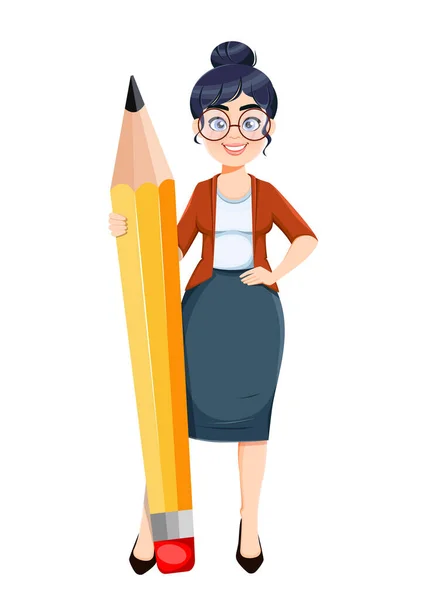 祝Techer快乐可爱的女教师卡通人物站在大铅笔旁边 种群矢量说明 — 图库矢量图片