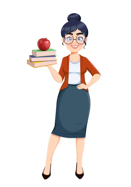 祝Techer快乐可爱的女教师卡通人物拿着一堆上面有苹果的书 种群矢量说明 — 图库矢量图片