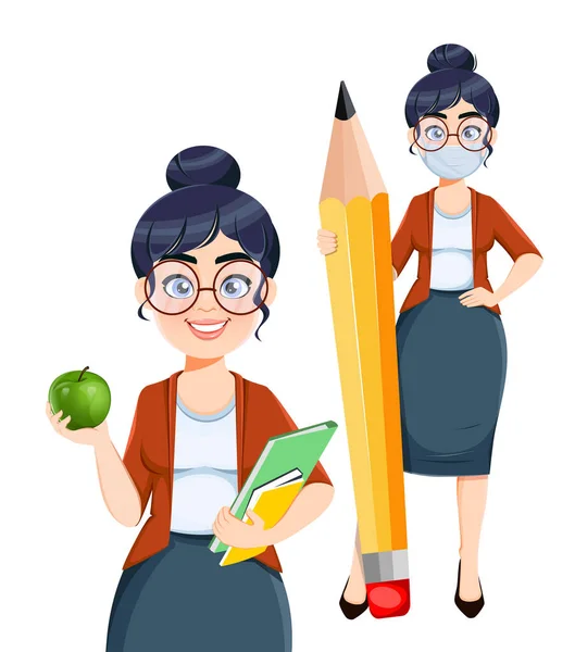 Feliz Día Techer Lindo Personaje Dibujos Animados Profesor Femenino Conjunto — Vector de stock