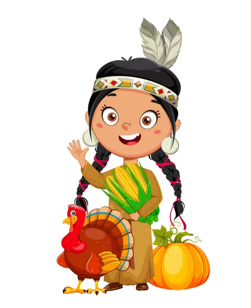 American Indian Girl Cute Cartoon Character Usable Thanksgiving Day Stock — Stock Vector