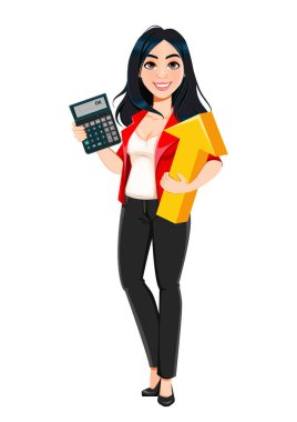 İş kadını, menajer, bankacı, güzel başarılı kız. İş kadını çizgi film karakteri elinde hesap makinesi ve ok tutuyor. Stok vektör illüstrasyonu