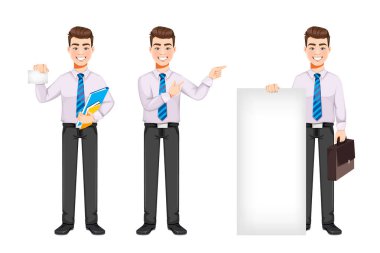 Yakışıklı bir iş adamı, üç pozdan oluşan bir reklam yapıyor. Genç iş adamı çizgi film karakteri. Beyaz arkaplanda stok vektör illüstrasyonu