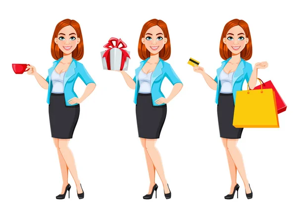 Έννοια Της Σύγχρονης Γυναίκας Των Επιχειρήσεων Redhead Καρτούν Χαρακτήρα Επιχειρηματίας — Διανυσματικό Αρχείο