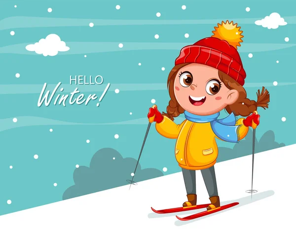 Çocuk Kayak Tatlı Kayakçı Kız Çizgi Film Karakteri Kış Sporu — Stok Vektör