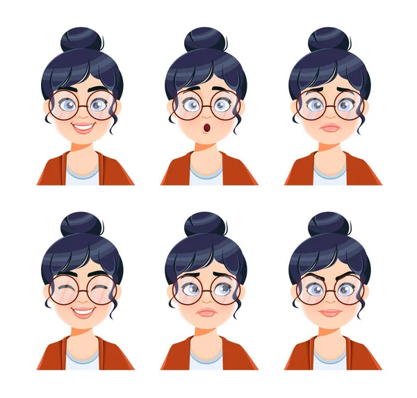 Expressions Faciales Femme Dans Les Lunettes Différentes Émotions Féminines Magnifique — Image vectorielle