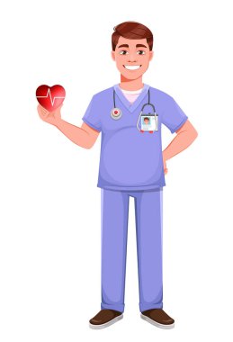 Profesyonel üniformalı yakışıklı doktor. Kırmızı kalbi olan bir erkek doktor. Beyaz arkaplanda stok vektör illüstrasyonu