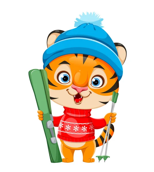 Merry Christmas Cute Cartoon Character Tiger Warm Hat Standing Skis — Stock Vector