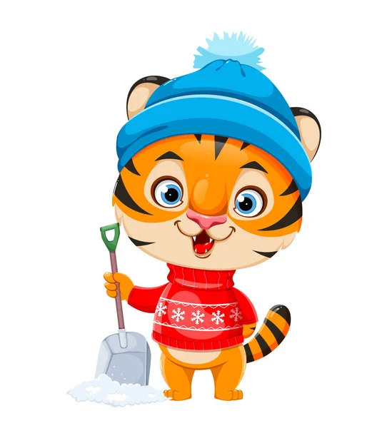Joyeux Noël Mignon Personnage Dessin Animé Tigre Chapeau Chaud Tenant — Image vectorielle