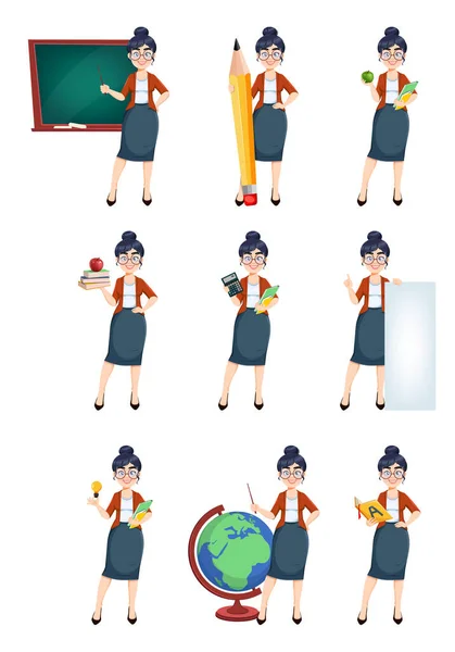ハッピー テッカーの日 かわいい女性教師漫画のキャラクター 9つのポーズのセット 白い背景に隔離されたストックベクトルイラスト — ストックベクタ