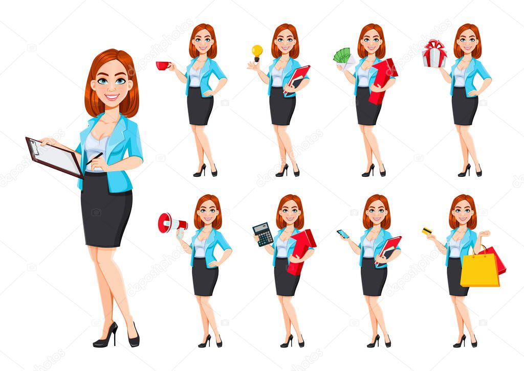 Concept of modern business woman. Beautiful redhead cartoon character businesswoman, set of nine poses. Vector illustration isolated on white