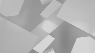 Çoklu gri ve beyaz geometrik küpler tek renkli bir uzayda yüzer ve çakışır. Gölgeler ve farklı açılar arasında derinlik hissi yaratır..