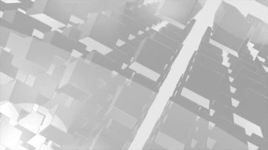 Düzinelerce yarı şeffaf gri küp ışık gradyan arkaplan boyunca tekrarlanan satırlar halinde istiflenerek, gelecekçi şehir veya karmaşık veri depolama sistemini gösteren yüksek açılı mimari perspektif oluşturur..