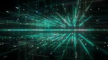 Canlı yeşil ışık demetleri ve dijital veri parçacıkları, gelecekteki siber uzay ortamı içindeki yüksek hızlı bilgi otoyolunun perspektif görüntüsünü oluşturarak 3D ızgaradan akmaktadır..