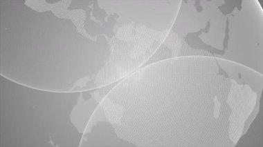 Açık gri dünya haritası arka planı, merkezi noktadan yayılan şeffaf dairesel dalgalar, küresel iletişim, yayın ve birbirine bağlı dijital ağları temsil eder.