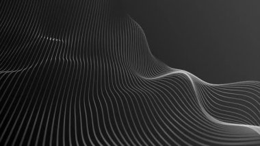 Parlak beyaz topografik çizgiler koyu arkaplan boyunca akar, dalgalanan dalgalar ve 3D arazi ve gelecekteki manzarayı taklit eden dijital tepeler yaratır..