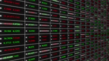 Sayısal değerlere sahip parlayan dijital veri çubukları, yüksek frekanslı bir finansal takas terminali veya gerçek zamanlı sunucu izleme panelini taklit ederek perspektif ızgarasında görüntülenir.