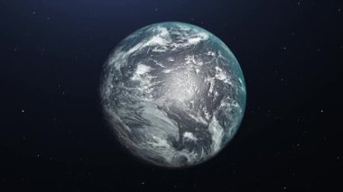 Dünya 'nın yüzeyinde dönen parlak mavi ve beyaz bulutlar karanlık yıldızlı uzayda asılı duruyor. Uydu perspektifinden gezegenin gerçekçi görünümünü resmediyorlar..