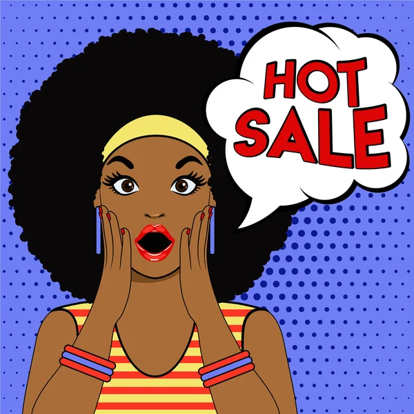 Venda bolha pop arte surpreso afro mulher rosto . — Vetor de Stock