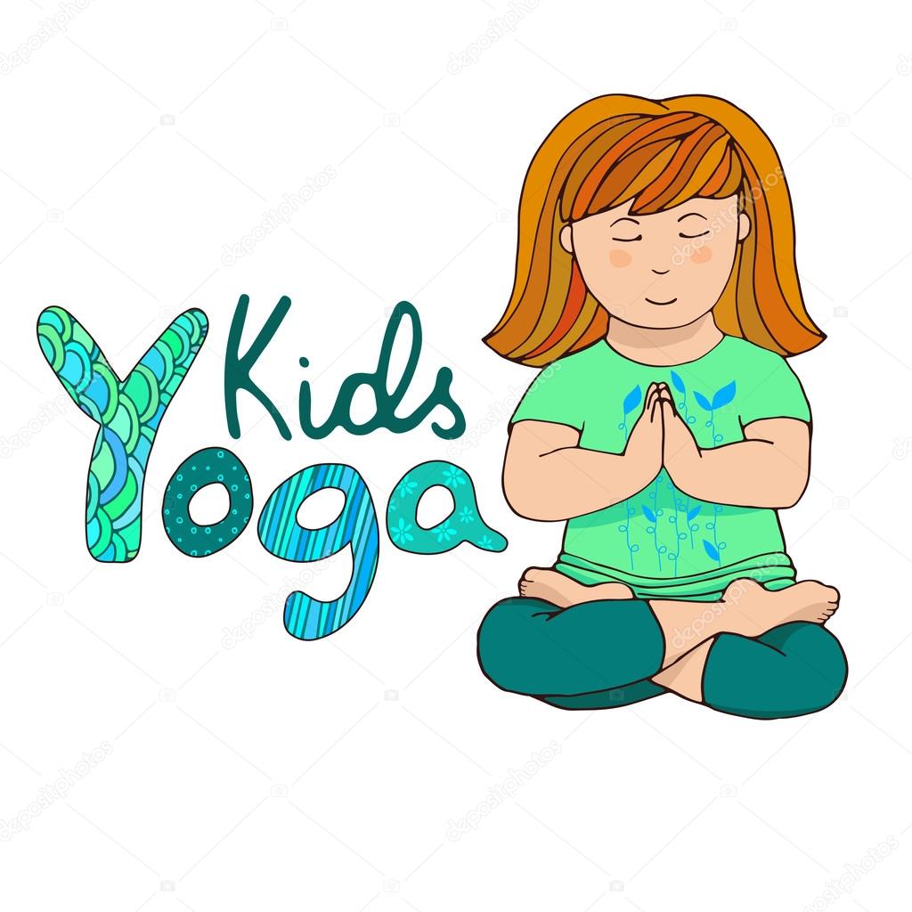 Red-haired girl in meditation. Cute girl in Lotus Pose. Illustration for children yoga. Yoga kids. Little girl doing yoga. Hand draw girl with logo yoga kids. Baby yoga.