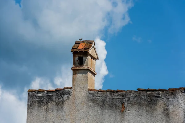 Vieille Cheminée Brique Toit Avec Oiseau Litle Sur Fond Ciel — Photo