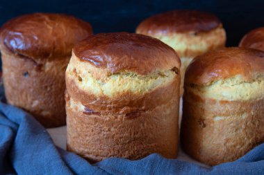 Yeni pişmiş Paskalya pastası soğur. Bir sürü farklı boyutlarda. Geleneksel Kulich, Paska Paskalya Ekmeği.