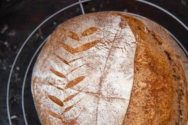 Ev yapımı taze çavdar ekmeği, tüm somun soğutma rafında koyu arkaplanda.