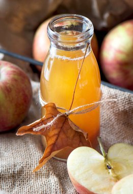 Kavanozda ev yapımı taze elma şarabı. Sonbahar hasat elmaları.