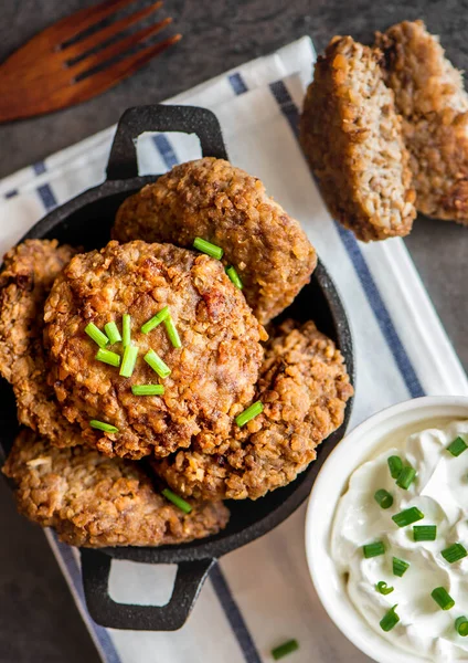 Buckwheat Cutlets Cast Iron Served Sour Cream Healthy Food Royalty Free Stock Photos