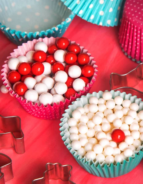 Perles Rouges Blanches Sucre Décorations Colorées Douces Cuisson — Photo