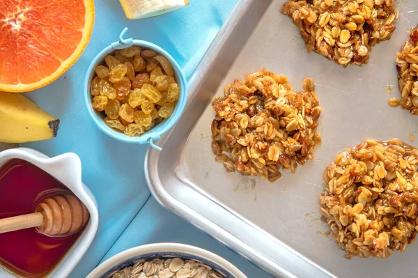 Banana oatmeal cookies with honey. Cookies before baking. Healthy homemade gluten-free oatmeal cookies.