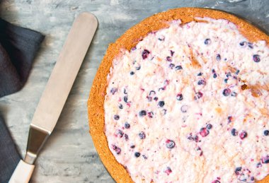 Kremalı ve yaban mersinli kek. Ev yapımı kek..