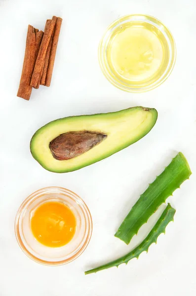 Natural Skin Care Products Top View Ingredients Avocado Aloe Egg — Stock Photo, Image