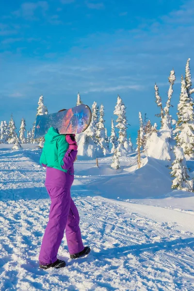Niña Snowboarder Trae Sus Manos Snowboard Vacaciones Año Nuevo Estación —  Fotos de Stock