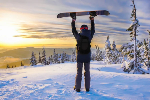 Exitoso Joven Snowboard Las Montañas Sheregesh Descansando Cima Montaña Snowboarder —  Fotos de Stock