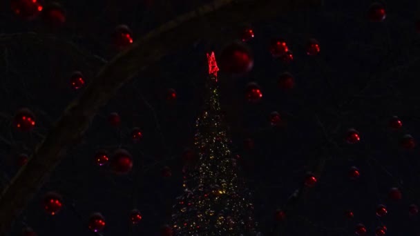 Новорічні гірлянди та різдвяні прикраси на дереві, червона зірка, повітряні кулі на вулиці — стокове відео
