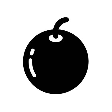 A black silhouette icon shows a round fruit with a small stem extending upwards. A small glare reflects off the side of the fruit, set on a plain white background.