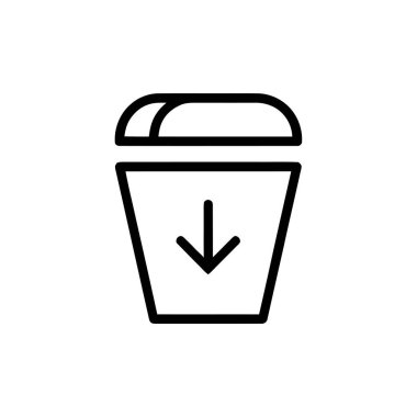Depicts a black outline icon of a container-like shape with a downward-pointing arrow. Clean vector graphic, ideal for illustrating downloads or data import.