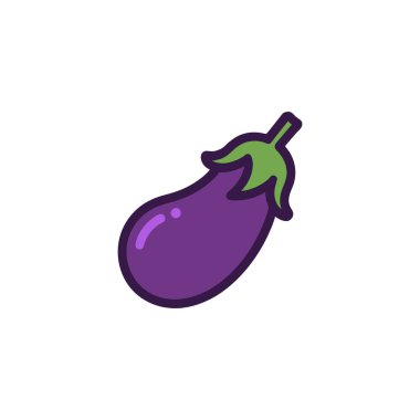 Single eggplant illustration features a smooth purple body, a bright green stem, and a defined, rounded outline. Isolated on white background.