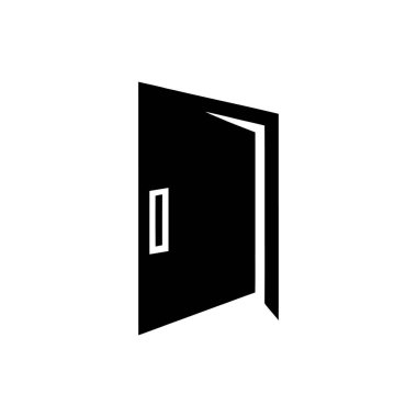 Isolated black and white vector illustration showcasing a slightly opened door with a rectangular handle against a plain white backdrop in a minimalist style.