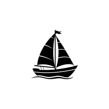 A striking silhouette of a sailboat depicted in black against a white background. The boat is shown sailing on stylized waves with a flag on the mast.