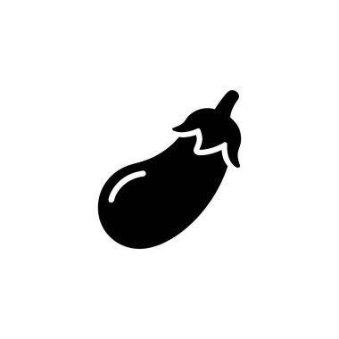 This is a black and white vector illustration of an eggplant, also known as aubergine, that features a minimalist, simple silhouette isolated against a plain white background.