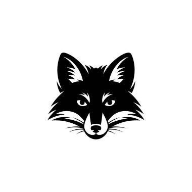 The image shows a symmetrical, stylized fox head logo in solid black against a white background. The fox features pointed ears, sharp eyes, and defined fur markings.