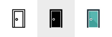 Image shows three door icons with white background a black outline, a solid black silhouette, and a blue-green flat design door with black frame.