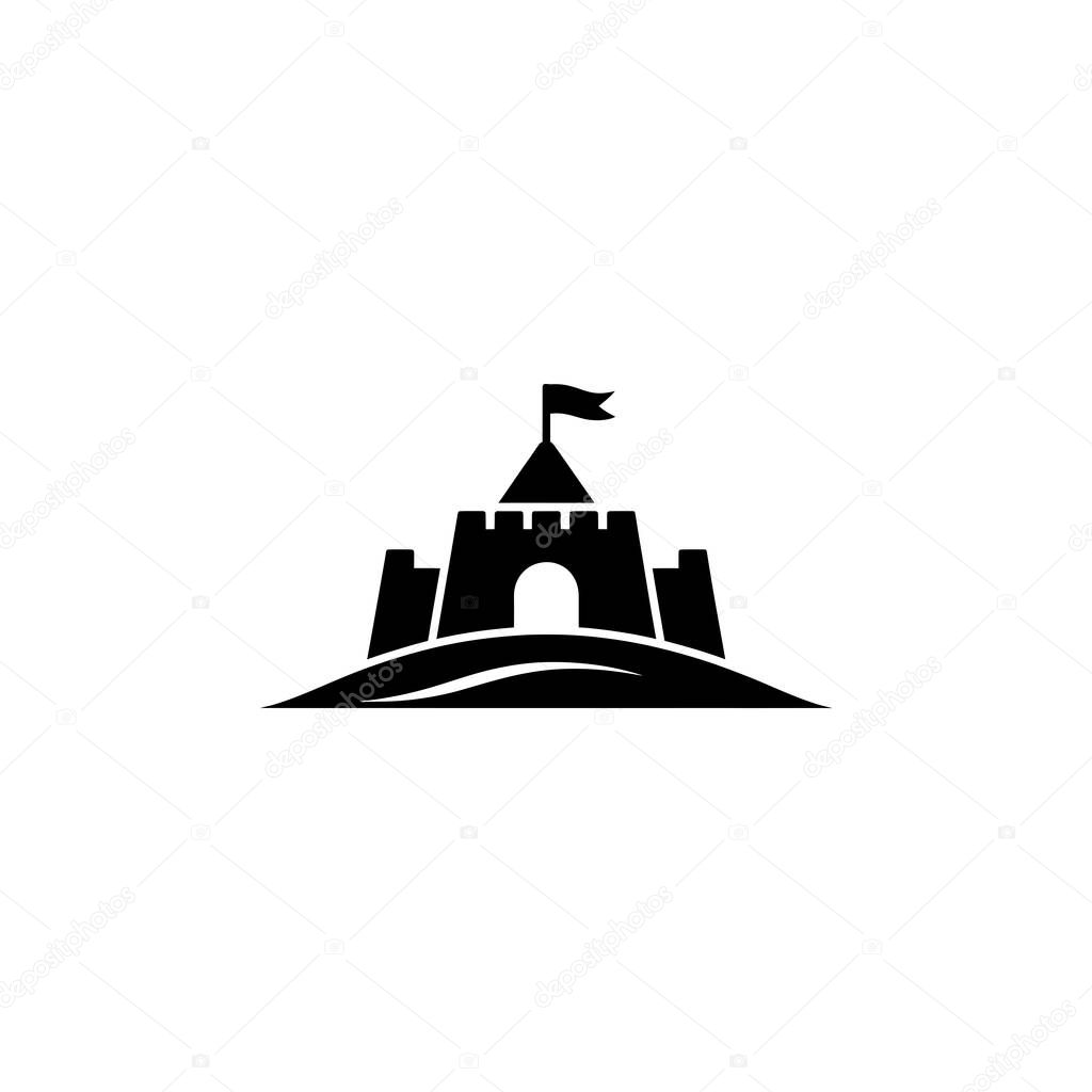Isolated black and white graphic depicts a stylized sandcastle with crenellations and a small flag atop a mound, ideal for logo or minimalist design applications.