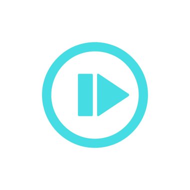 İçinde dikey bir çizgi ve sağ köşeli üçgen sembolü olan su renginde, dairesel bir oynatma tuşu. Grafik, düz beyaz bir arkaplan üzerine kuruludur..